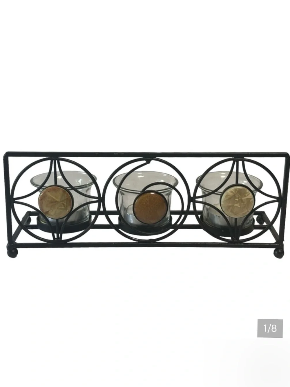 Vintage Black Metal 3-Cup Votive Candle Holder Geometric Centerpiece